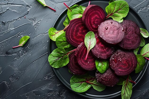 Photo top view vinaigrette salad with beet and beans on a dark surface