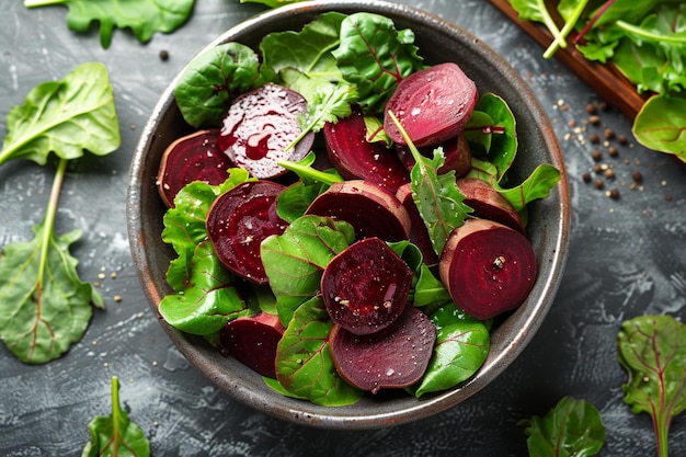 Photo top view vinaigrette salad with beet and beans on a dark surface