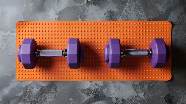 Photo top view of violet dumbbells and orange mat placed on gray floor during fitness workout