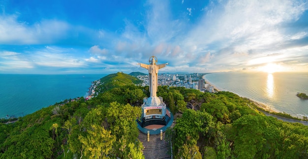 Top view of Vung Tau with statue of Jesus Christ on Mountain the most popular local place Christ the King a statue of Jesus Travel concept