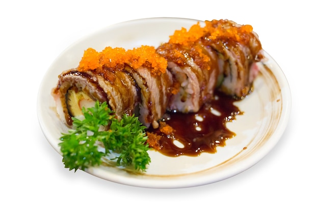 Top view of wagyu beef Original Japan sushi on white background, focus selective.