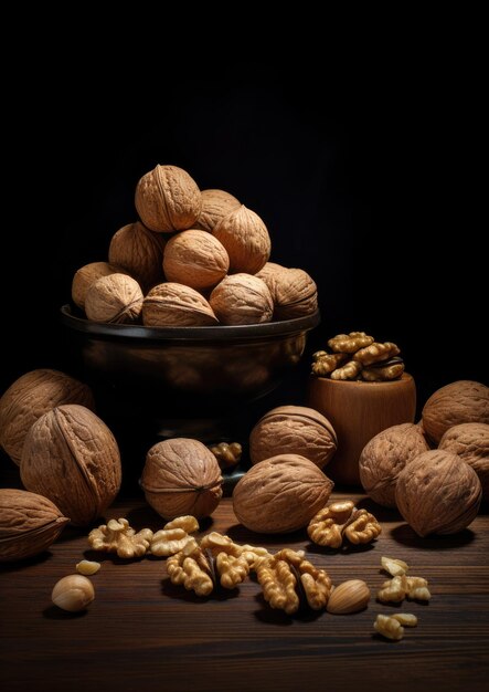 Top view of walnuts in a bowl on rustic table healthy food Generative Ai