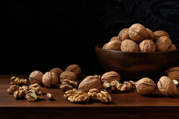 Top view of walnuts in a bowl on rustic table healthy food Generative Ai