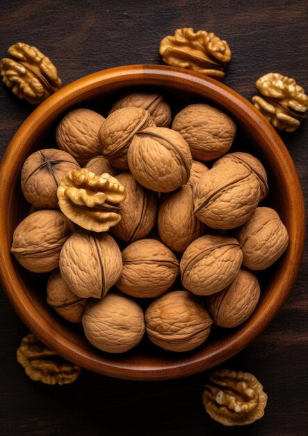 Top view of walnuts in a bowl on rustic table healthy food Generative Ai