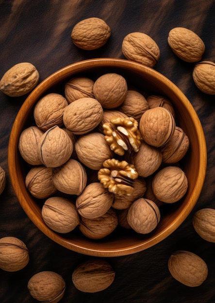 Top view of walnuts in a bowl on rustic table healthy food Generative Ai