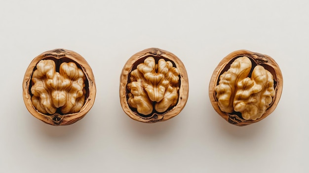 Photo top view of walnuts in nutshells on white background