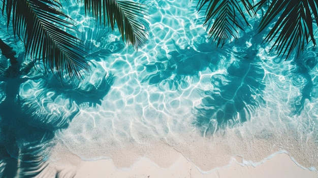 Top view of water surface with tropical leaf shadow Shadow of palm leaves on white sand beach Beauti