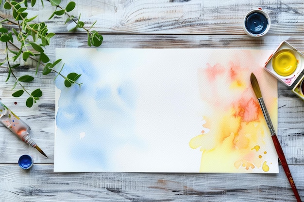 Photo top view watercolor painting on the table