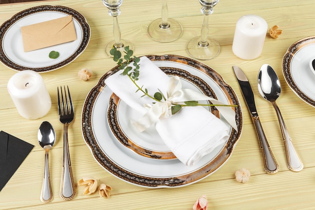 Top view of a wedding table setting with decorations