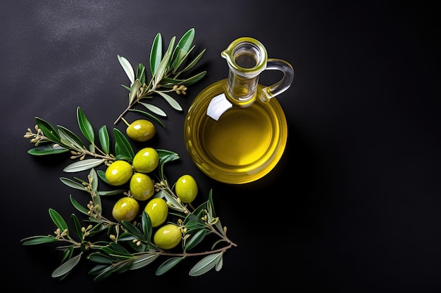 Top view of white background jug with olive oil olives and leaves