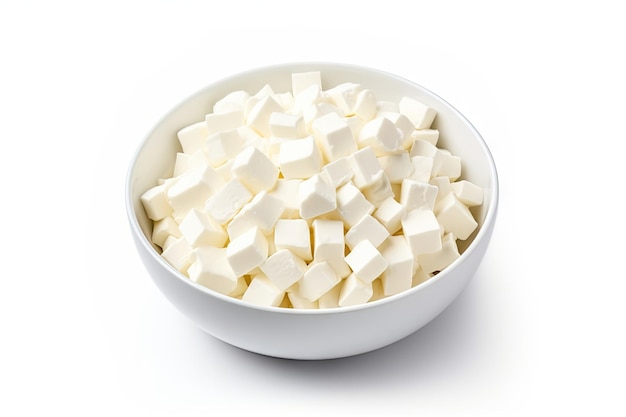 Top view of white background with diced soft cheese in a bowl