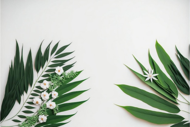 top view white background with green leaves and flower