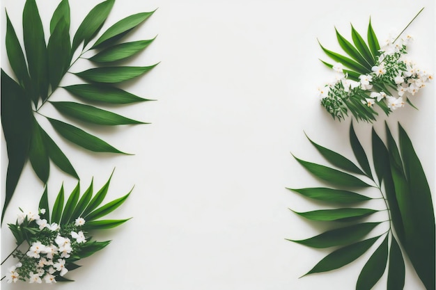 top view white background with green leaves and flower