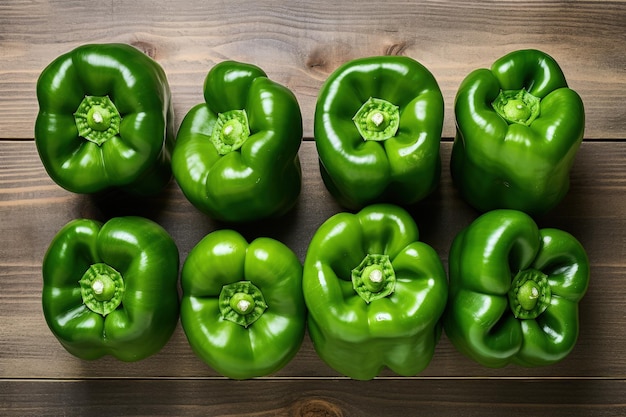 Top view of white background with whole and sliced green bell peppers