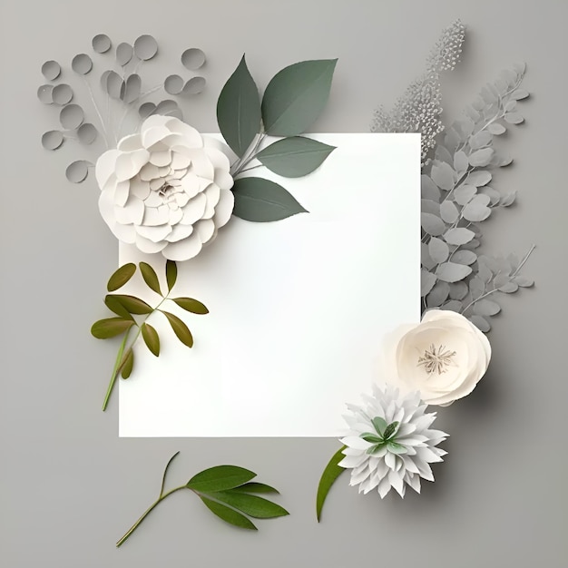 top view of white blank card near paper flowers with green leaves on grey background