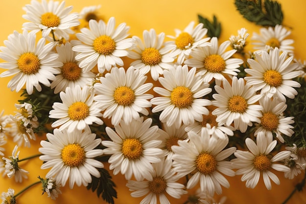 Top view of white chamomile flowers isolated on yellow background ai generative