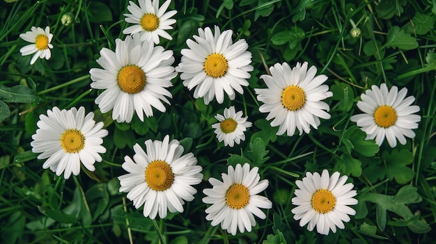 Top View of White Daisies with Yellow Centers and Green Leaves in a Lush Meadow Generative AI