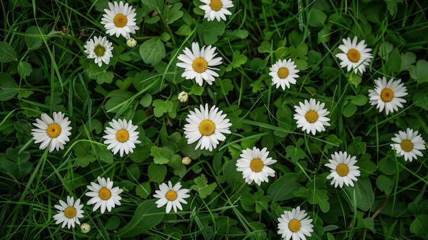 Top View of White Daisies with Yellow Centers and Green Leaves in a Lush Meadow Generative AI