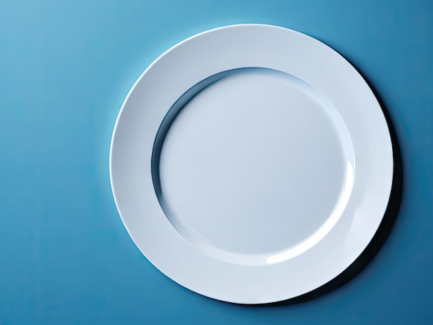 Top view of white empty plate on blue background ai generative