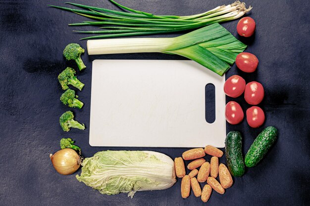 Top view white kitchen Board in collapse of fresh vegetables on black background