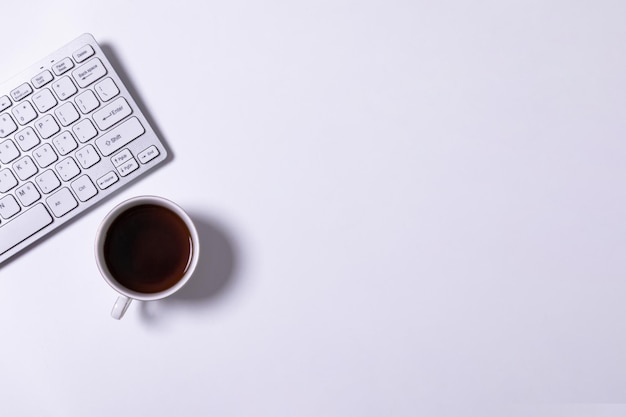 Top view of white office desk table with copy space