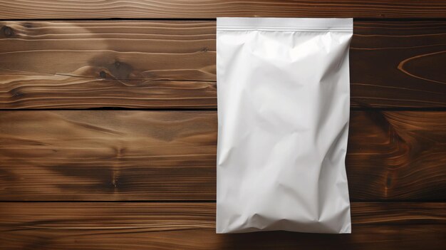 Photo top view of white packaging bag on a wooden table