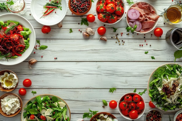 Top view of white wooden table with warm salads and meat side dishes for buffet party