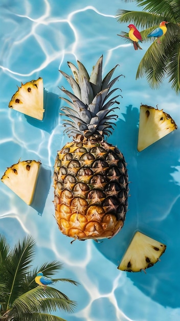 Top view of whole pineapple on blue surface