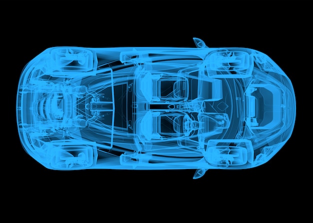 Top view of a wireframe blue car