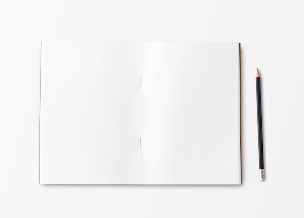 Photo top view with blank notebook and pencil on white background