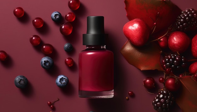 Top view with bottle of nail polish with red berries Manicure concept