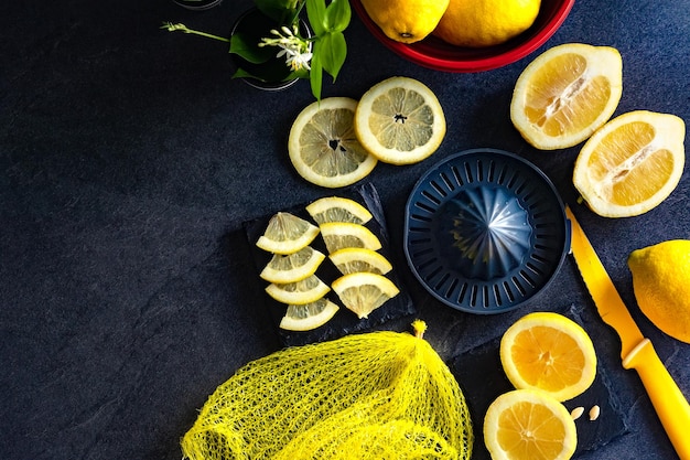 Top view with copy space for fresh and ripe lemonsHealthy food background