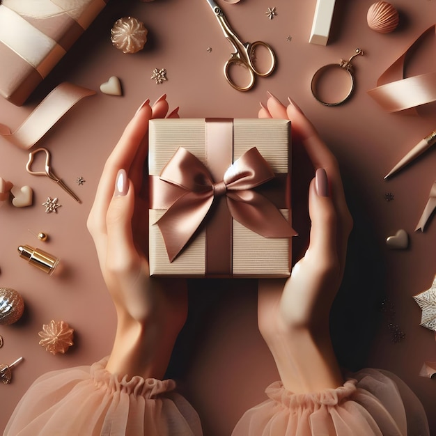 Top view of woman hands holding gift box wrapped and decorated with satin ribbon