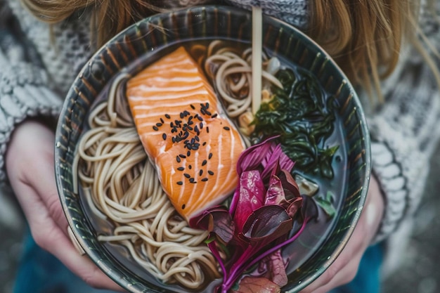 Photo top view of woman having lunch with salmon with brown noodles soup