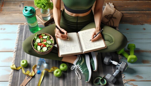 Photo top view of a woman in sportswear holding a salad bowl and writing in a notebook surrounded by worko