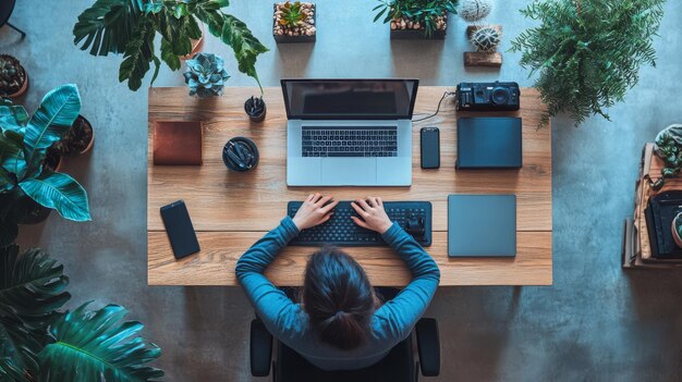 Top View of a Woman Working at a Desk with Plants