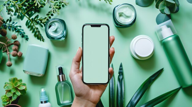 Top view of a womans hand holding a blank screen smartphone Surrounded by green leaves and natural skincare products