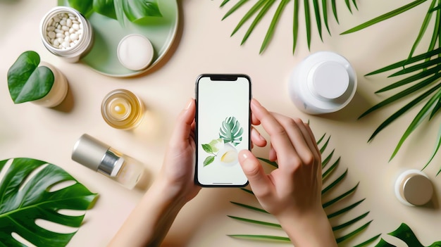 Top view of a womans hands holding a smartphone with a blank screen mockup surrounded by various natural skincare products and tropical leaves