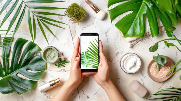 Top view of womans hands holding smartphone with blank screen surrounded by various tropical leaves cosmetic products and spa accessories