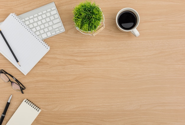 Top view Wood office desk table. Flat lay Workspace