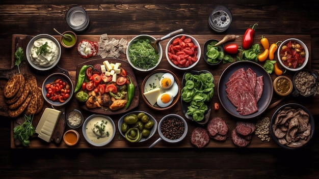 Top view on wood table full of food and ingredient