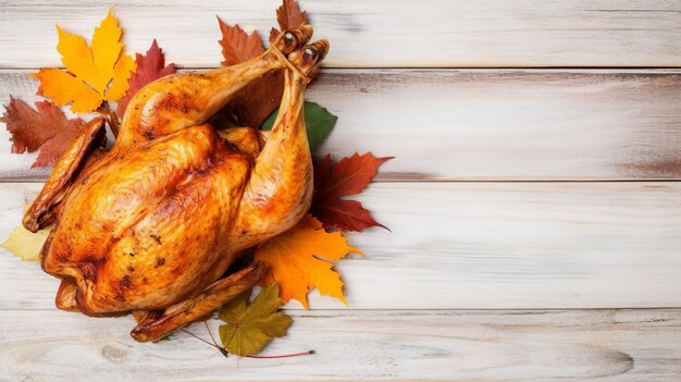 top view on wooden background thanksgiving country dinner with grilled chicken