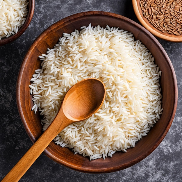 top view on a wooden bowl with rice with wooden spoon