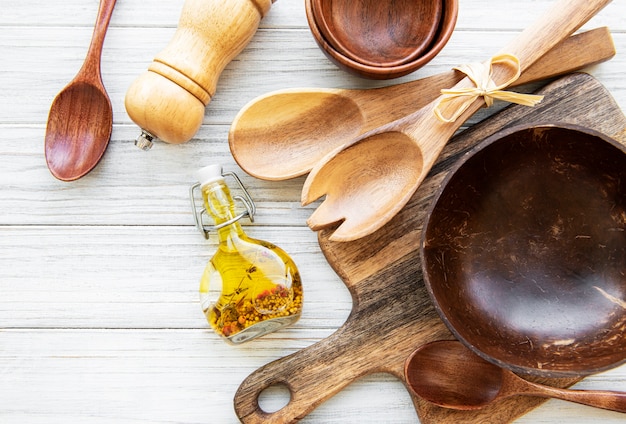 Top view on a wooden cutlery kitchenware