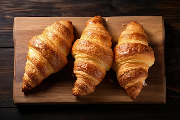 Top view of wooden cutting board with freshly baked croissants