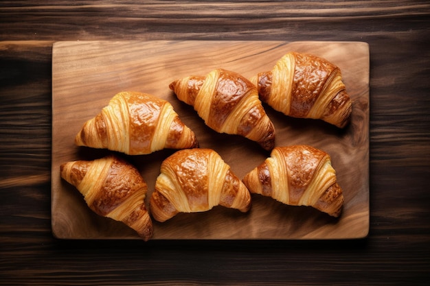 Top view of wooden cutting board with freshly baked croissants