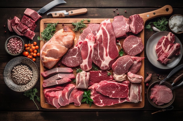 top view of a wooden cutting board with pieces of raw meat for cooking Generative AI