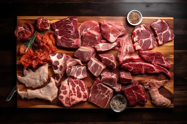 top view of a wooden cutting board with pieces of raw meat for cooking Generative AI