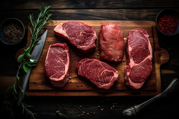 top view of a wooden cutting board with pieces of raw meat for cooking Generative AI