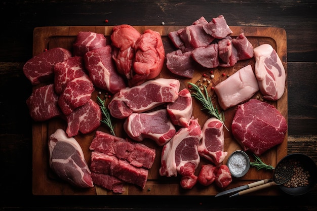 top view of a wooden cutting board with pieces of raw meat for cooking Generative AI